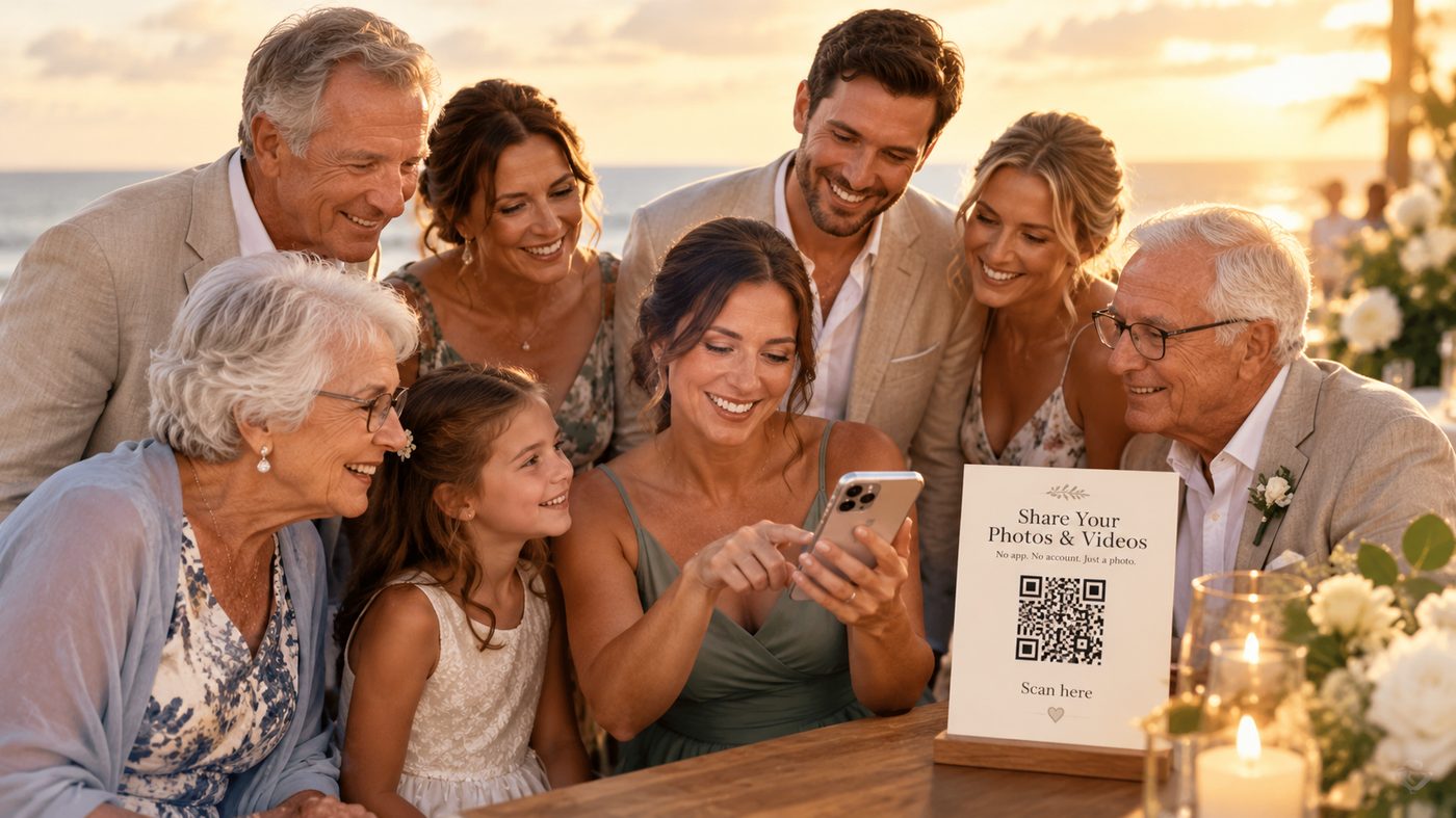 Three generations of a family gathered around a phone at a seaside wedding, next to a Dayfolds QR sign to share photos and videos