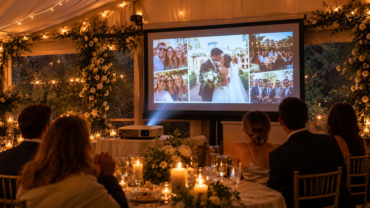 Wedding guests watching a live slideshow of guest photos projected at the reception